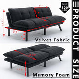 71" Velvet Futon Couch Bed with Mattress Included,Convertible Folding Sleeper Sofa Bed with Adjustable Backrests,Modern Loveseat Sleeper for Living Room Bedroom Small Space Home Office (Black) MWrouqfur