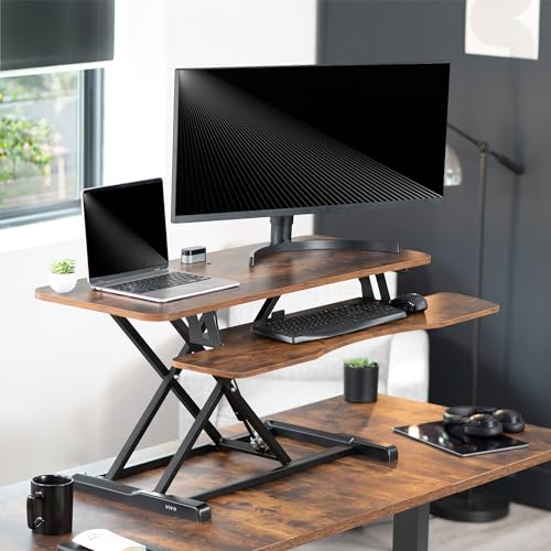 VIVO 42 inch Desk Converter, K Series, Height Adjustable Sit to Stand Riser, Dual Monitor and Laptop Workstation with Wide Keyboard Tray, Rustic Vintage Brown Top, Black Frame, DESK-V042KN VIVO