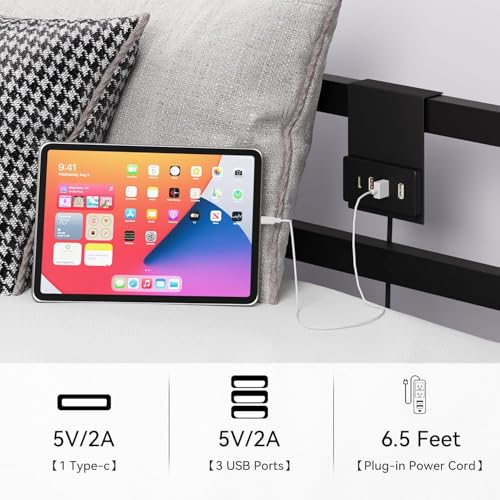 YITAHOME Canopy Bed Frame, Four Poster Platform Bed with USB Charging Station, Metal Bed Frame with Slats Support, 12.4 inch Underbed Storage, No Box Spring Needed, Black, King Size