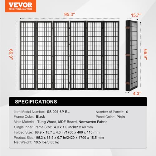 VEVOR Room Divider, 6 Panel Japanese Room Divider, Folding Privacy Screen Indoor, Portable Partition Dividers and Decoration Screens, for Room Separation, Home, Office, Restaurant & Bedroom (Black) VEVOR