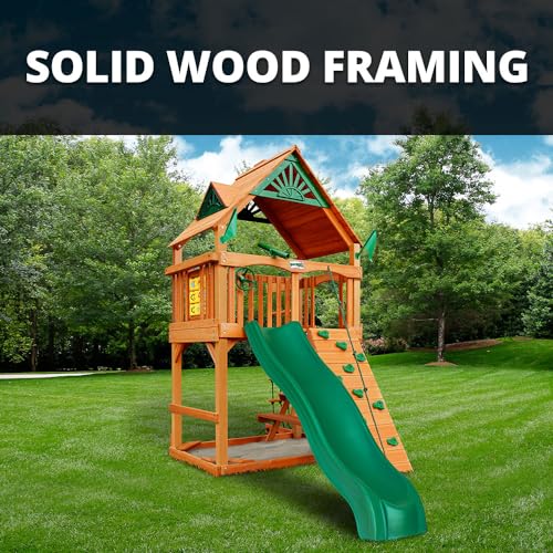 Gorilla Playsets 01-0061-AP Chateau Tower Wooden Play Tower with Wood Roof, Slide, and Climbing Wall, Brown - WoodArtSupply