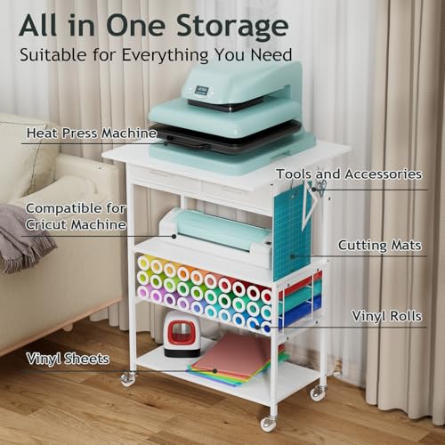 Homsorout Movable Heat Press Table - Heat Transfer Machine Stand Compatible for Cricut, Vinyl Roll Holder, Rolling Metal Wood Sublimation Printer Organizer for T Shirt Maker Craft, 23.6''×19.6'' Homsorout