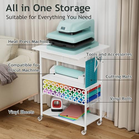 Homsorout Movable Heat Press Table - Heat Transfer Machine Stand Compatible for Cricut, Vinyl Roll Holder, Rolling Metal Wood Sublimation Printer Organizer for T Shirt Maker Craft, 23.6''×19.6'' Homsorout