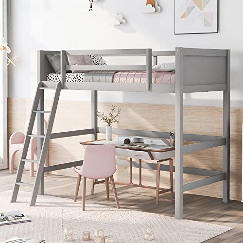 Harper & Bright Designs Grey Twin Loft Bed Frame with Angle Ladder and Full-Length Guardrails for Kids and Teens Harper & Bright Designs