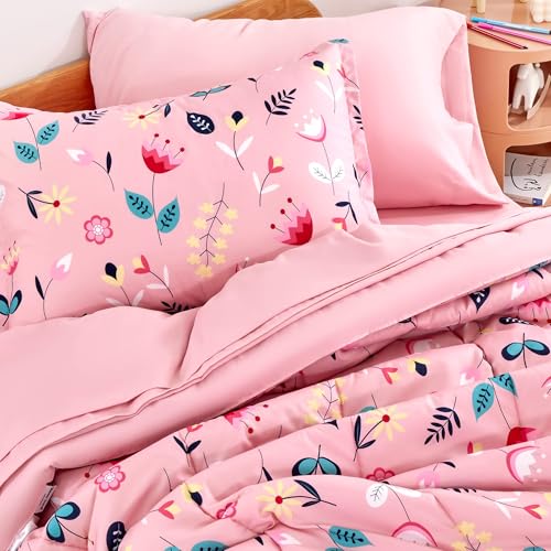 SLEEP ZONE Kids Twin Bedding Comforter Set - Super Cute & Soft Kids Bedding 5 Pieces Set with Comforter, Sheet, Pillowcase & Sham (Pink Flower) SLEEP ZONE
