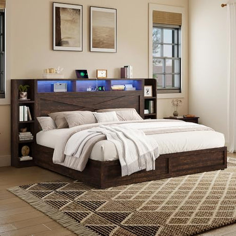 AMERLIFE 45'' Farmhouse King Bed Frame with 4 Drawers, LED Bed Frame with Bookcase Headboard & Side Shelves, Wood Platform Bed with Charging Station, Walnut AMERLIFE
