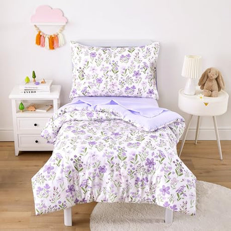 Wake In Cloud - Floral Toddler Bedding Set for Girls, Cute Colorful Botanical Flowers, 4 Pieces Soft Crib Bed Set Including Comforter, Sheets and Pillowcase, Purple White Wake In Cloud