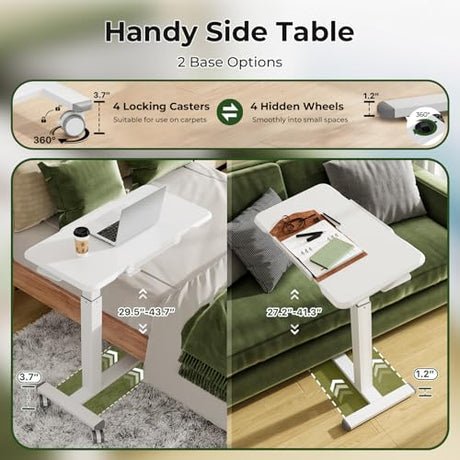 Gibbon Mounts Rolling Laptop Desk, 180° Tiltable Mobile Standing Desk Height Adjustable, Overbed Bedside Table, 32inch Portable Computer Desk with Lockable Wheels, Foldable Cart for Home Office, White Gibbon Mounts