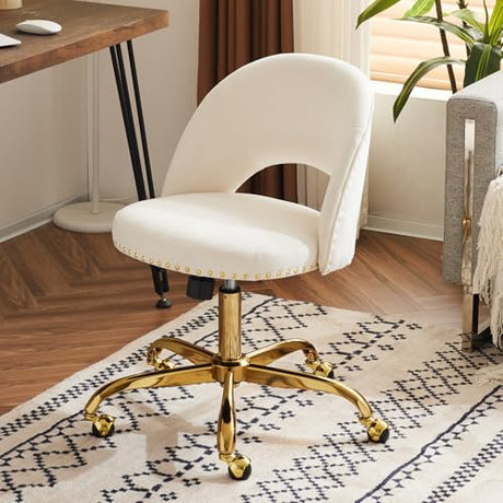 VINGLI Modern Velvet Small Office Chair,Cute Desk Chair with Wheels,Gold Base/Studs, Comfy Armless Swivel Vanity Task Chair for Women/Girl/Kids, Nail Tech Chair for Bedroom,Small Space,White VINGLI