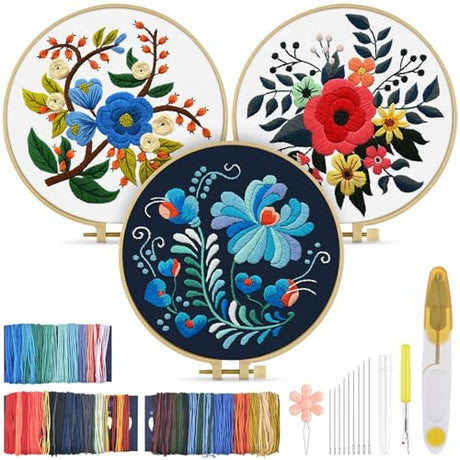 TINDTOP 3 Sets Embroidery Kit for Adults, Floral Embroidery Practice Kit for Beginners Include Embroidery Cloth Hoops Threads for Craft Lover Hand Stitch with Embroidery Skill Techniques TINDTOP