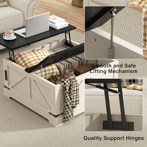 FiveWillowise Farmhouse Lift Top Coffee Table with Large Hidden Storage Compartment, 31.5" W Wood Square Center Table with Charging Station, Rustic Cocktail Table for Living Room, Home Office, White FiveWillowise