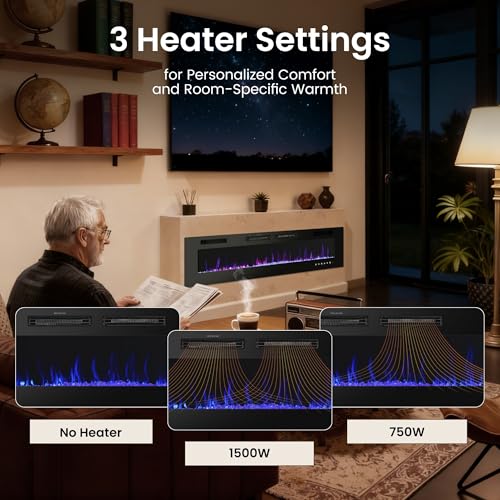 PHI VILLA 72" Electric Fireplace Wall Mounted & Recessed, 3.19" Ultra-Thin Linear Fireplace Electric Heater with Remote Control & Touch Screen, 750/1500W, Low Noise, Timer PHI VILLA