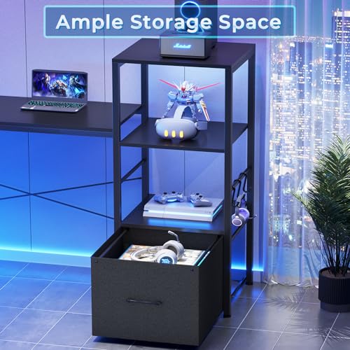 SEDETA L Shaped Gaming Desk, 51" Computer Desk with Storage Shelves, Gamer Desk with Power Outlets & LED Lights, Fabric Drawer, Monitor Stand and Hooks, Black SEDETA