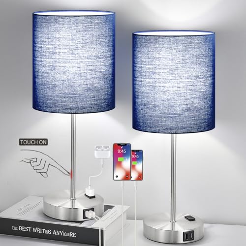 𝟮𝟬𝟮𝟯 𝗡𝗘𝗪 Set of 2 Touch Control Table Lamps with 2 USB & AC Outlet, 3-Way Dimmable Bedside Nightstand Lamps for Bedroom Living Room Nursery, 800 Lumens 5000K Daylight Bulbs Included