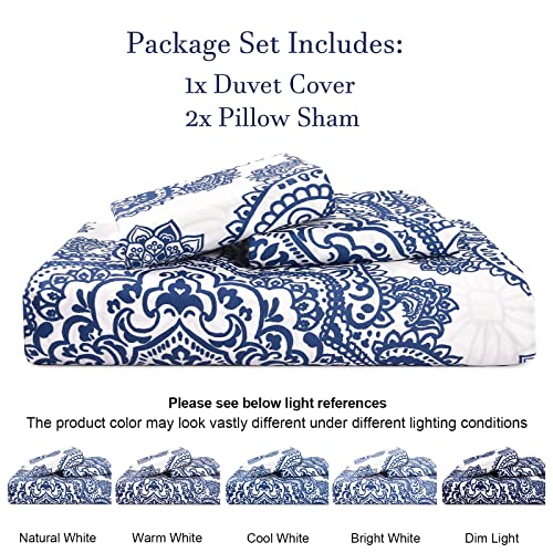 PHF Ultra Soft Paisley Duvet Cover Queen Size, Printed Bedding Set 3 Pieces, Comfy Farmhouse Pattern Duvet Cover Set with 2 Pillow Shams, Zipper Closure and 8 Ties, 90"x90", Royal Blue & White PHF