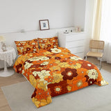 Boho Floral Bedding Set Full Retro Groovy Flowers Down Comforter 60S 70S Hippie Flower Power Comforter Set For Kids Girls Women Groovy Natural Garden Botanical Quilt Duvet 2 Pillow Cases Orange Brown Erosebridal