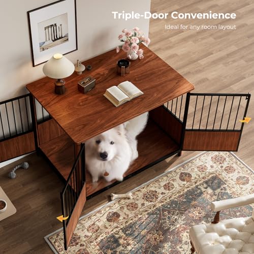 Zivanti 43'' XL Fluted Large Dog Crate Furniture with 3 Doors, Modern Indoor Decorative Dog Crate End Table, Wooden Dog Kennel Cage for Medium to Large Dogs, Walnut Zivanti