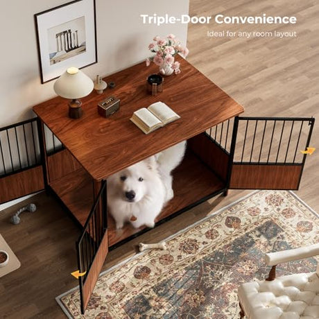 Zivanti 43'' XL Fluted Large Dog Crate Furniture with 3 Doors, Modern Indoor Decorative Dog Crate End Table, Wooden Dog Kennel Cage for Medium to Large Dogs, Walnut Zivanti