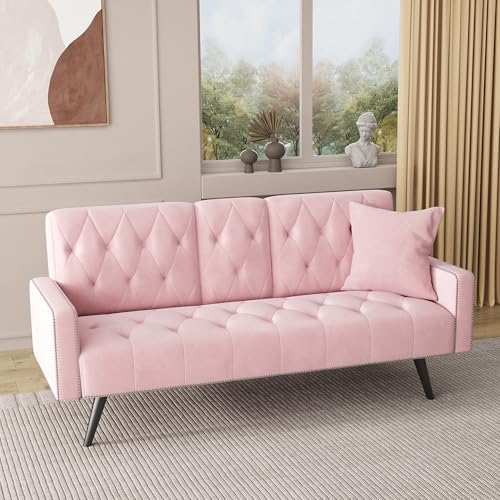 Modern Velvet 2 in 1 Futon Sofa Bed,Convertible Folding Sleeper Bed Couches with 2 Pillows,73" Tufted Recliner Love Seat with Golden Chrome Legs for Living Room Apartment Office (Pink) Anwick