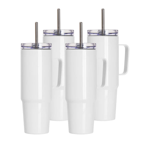 PYD Life 4 Pack Sublimation 36 OZ Tumblers with Handle Blanks White Coffee Mugs Insulated Reusable Travel Cups with Leakproof Lid and Stainless Straw for Tumbler Heat Press PYD Life