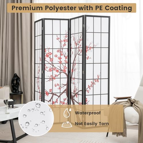 GOFLAME Japanese Style 4 Panel Room Divider, 6ft Folding Shoji Screen Room Partition with Plum Blossom Design, Solid Wood Frame, Freestanding Wall Divider, Indoor Room Separator for Home Office GOFLAME