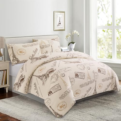 Marina Decoration Ultra Soft Silky Zipper Rich Printed Rayon from Bamboo All Season 2 Pieces Duvet Cover Set with 1 Pillowcase, Eiffel Tower Ivory Pattern Twin/Single Size Marina Decoration