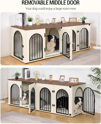 Hzuaneri 71" Dog Crate Furniture for 2 Dogs, Heavy Duty Indoor Dog Kennel TV Stand, XL Wooden Dog Cage with Divider for Medium Large Dogs, End Table Dog Crate with Cushion, White Brown DFC81914B Hzuaneri