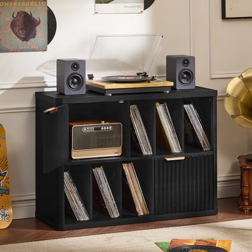 LEYAOYAO Large Record Player Stand with Vinyl Storage Up to 450 Albums, Wood Fluted Boho Record Storage Accent Cabinet, Modern Stereo Media Cabinets, Wide Turntable Stand for Living Room, Black Oak LEYAOYAO