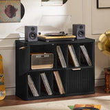 LEYAOYAO Large Record Player Stand with Vinyl Storage Up to 450 Albums, Wood Fluted Boho Record Storage Accent Cabinet, Modern Stereo Media Cabinets, Wide Turntable Stand for Living Room, Black Oak LEYAOYAO