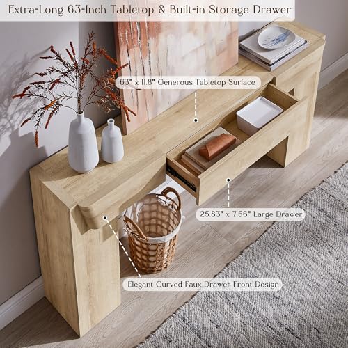 JXQTLINGMU 63" Long Wood Console Table with Storage Drawer, Modern Entryway Table, Sofa Table Behind Couch, Farmhouse Console Tables for Entryway Hallway Living Room, Natural Oak JXQTLINGMU