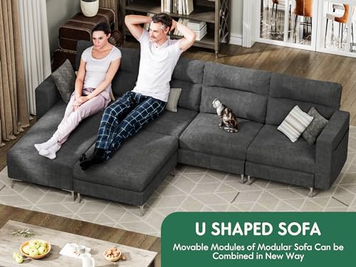 YESHOMY Convertible Sectional Sofa Modular Couch with Upholstered Chair and Moveable Ottoman, L-Shaped, 6 Seats, for Living Room, Dark Grey