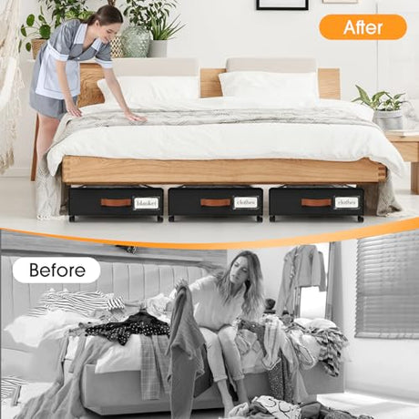 SpaceHacks Under Bed Storage with Wheels 3Pack Storage Containers with Clear Window&Label Under Bed Drawers Rolling Under Bed Storage for Clothes,Shoes, Blankets (30.71 x 16.93 x 6.69 in, Black) SpaceHacks