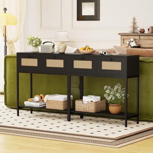 COSTWAY Rattan Console Table, Boho Narrow Sofa Table with 2 Storage Drawers and Open Shelf, 3-Tier Entryway Table with Sturdy Metal Frame for Living Room, Hallway, Foyer, 32 Inch (Black) COSTWAY