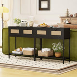 COSTWAY Rattan Console Table, Boho Narrow Sofa Table with 2 Storage Drawers and Open Shelf, 3-Tier Entryway Table with Sturdy Metal Frame for Living Room, Hallway, Foyer, 32 Inch (Black) COSTWAY