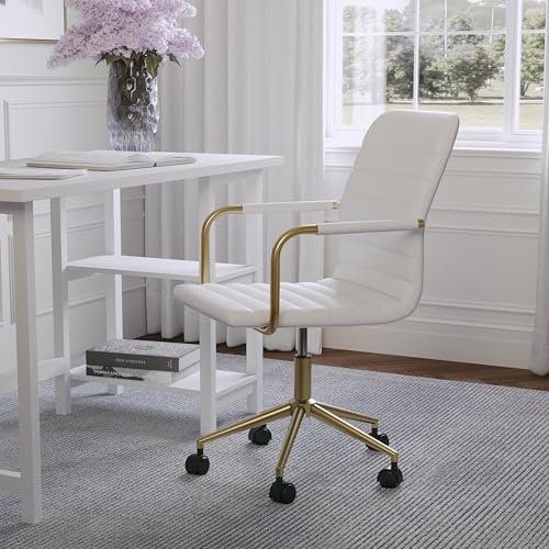 Martha Stewart Taytum Swivel Task Chair with Armrests for Home Office in White Faux Leather with Polished Brass Frame Martha Stewart