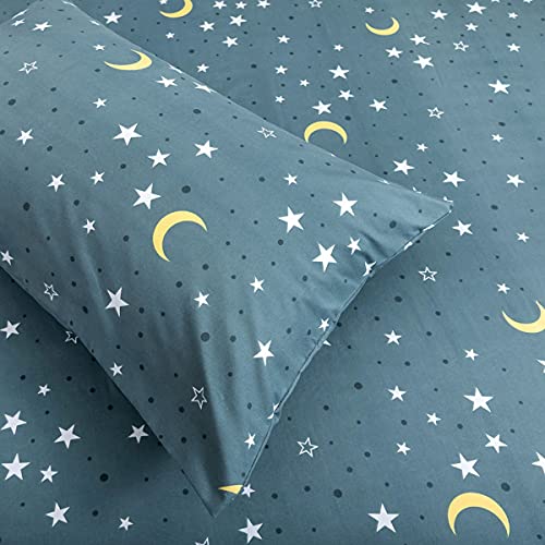 jejeloiu 4 Piece Star and Moon Bed Sheet Set King Size Universe Galaxy Fitted Sheet for Kids Boys Girls Outer Space Bedding Includes 1 Flat Sheet & 1 Sheet with 2 Pillowcases jejeloiu