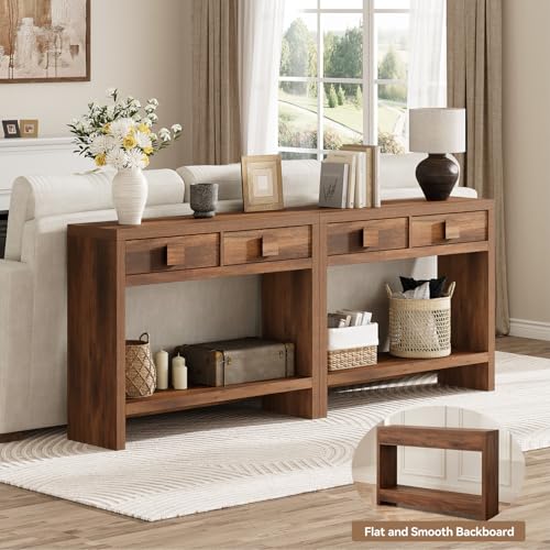 ONBRILL Console Table with Drawers, 40 Inch Narrow Entryway Table with Open Storage Shelves, Mid Century Modern Hallway Accent Tables Behind Couch Table for Living Room (Vintage Brown) ONBRILL
