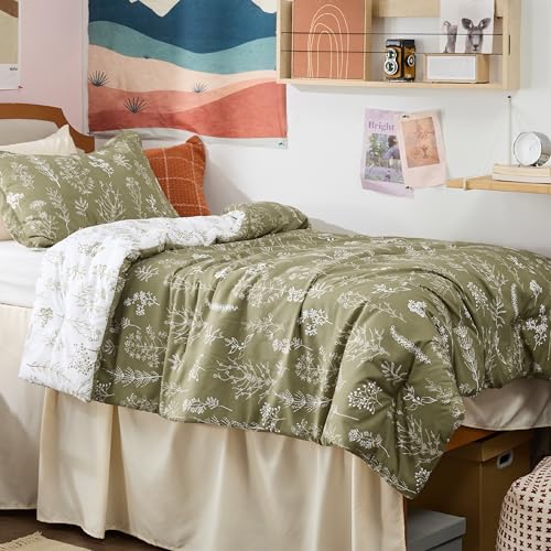 Bedsure Twin/Twin XL Comforter Set - Olive Green Bed Set, 2 Pieces Cute Floral Bedding, 1 Soft Reversible Botanical Flowers Comforter and 1 Pillow Sham Bedsure