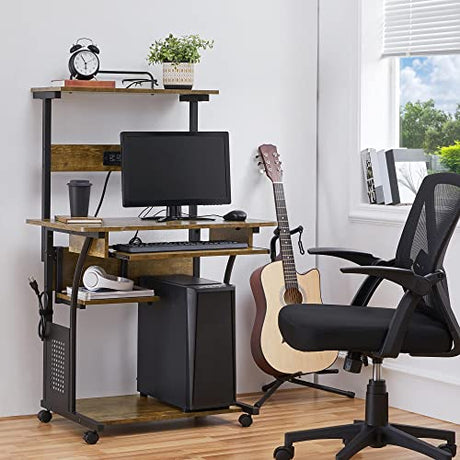 Yaheetech 3 Tiers Rolling Computer Desk on Wheels with Charging Station and Keyboard Tray, Mobile Home Office Desk PC Laptop Workstation with Power Outlet and USB Ports for Home Studying, Rustic Brown Yaheetech