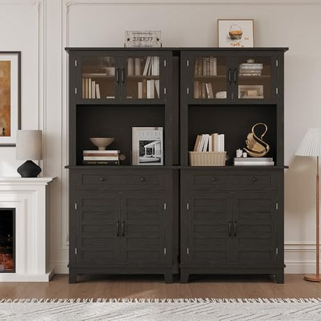 IDEALHOUSE 72" in Tall Kitchen Pantry Storage Cabinet, Elegant Pantry Hutch Bar Cabinet with Microwave Stand & Drawers, Glass Doors for Dining Room, Kitchen, Living Room (Black & 32 Inches Wide) IDEALHOUSE