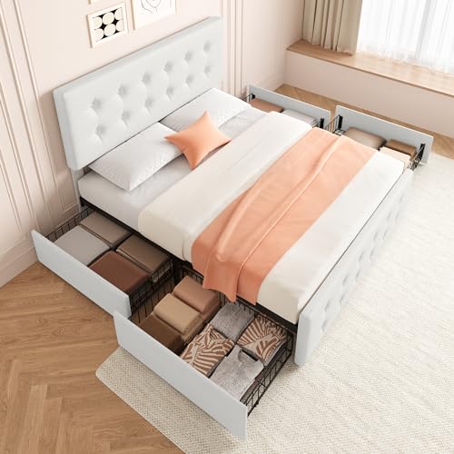 IDEALHOUSE Full Size Bed Frame with 4 Storage Drawers and Headboard, Faux Leather Upholstered Platform Bed Frame with Wooden Slats Support, Button Tufted Design, No Box Spring Needed, Beige IDEALHOUSE