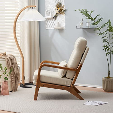 JOYBASE Lounge Accent Chair, Mid Century Modern Chair, High Back Chair, Wood Frame Armchair, Comfy Reading Chair for Living Room, Office, Bedroom (Off-White, Fabric), 34.6''D x 25.6''W x 36.6''H JOYBASE