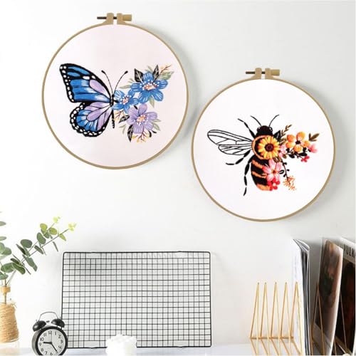 Esffaci Embroidery Starter Kit for Adult Beginner with Bee Pattern Hand Embroidery Set with Embroidery Cloth Hoop Needle Threader Embroidery Floss and Instruction