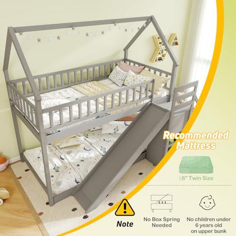 KOMFOTT Wood Twin Over Twin Bunk Bed with Slide & Staircase, Twin House Bunk Bed with Safety Guardrails & Storage, Floor House Bed with Wooden Slat Support for Boys Girls, No Box Spring Needed (Grey) KOMFOTT