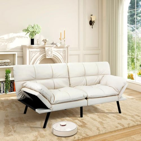 MUUEGM Futon Sofa Bed Memory Foam White Futons Modern Office Couch Sleeper Bed Convertible Love seat Sofa for Small Spaces,Apartment,Office with Adjustable Armrest Backrest MUUEGM