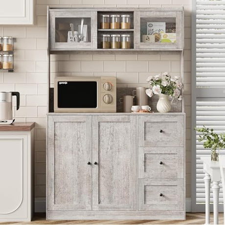 GarveeHome 67 in Tall Kitchen Hutch Storage Cabinet, Coffee Bar Cabinet with 3 Drawers and LED Lights, Freestanding Food Pantry with Countertop for Living Dining Room, Grey GarveeHome