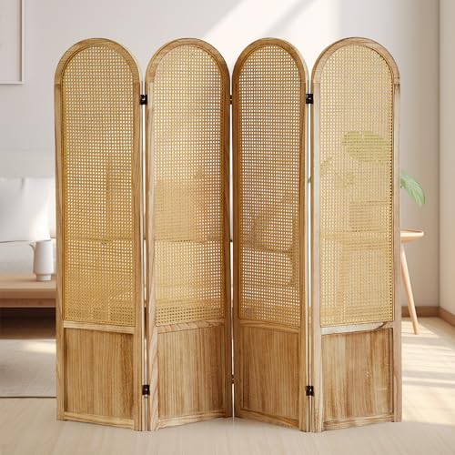 Asnefeli Room Divider 4 Panel, Folding Privacy Screen, Foldable Wood Divider Room Dec, Rattan Room Divider, Portable Partition Screen, Wall Divider for Room Separation Bedroom Home Office (Natural) Asnefeli