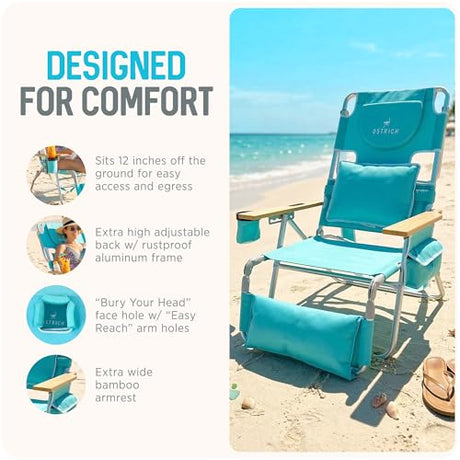 Ostrich the Deluxe 3N1 Lightweight Lawn Beach Reclining Lounge Chair with Footrest, Outdoor Furniture for Patio, Balcony, Backyard, or Porch, Aqua Ostrich