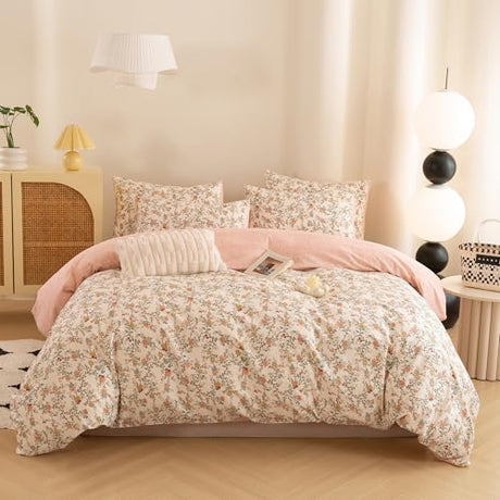 ECOCOTT Reversible Floral Duvet Cover Queen Size – 3 Piece 100% Washed Cotton Bedding Set, Soft Breathable Comforter Cover with Zipper Closure & Corner Ties ECOCOTT