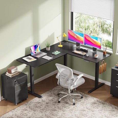 DEVAISE L Shaped Standing Desk Adjustable Height, Dual Motor Electric Corner Standing Desk, 63x55 inch Sit Stand up Home Office Desk with Splice Board, Black DEVAISE